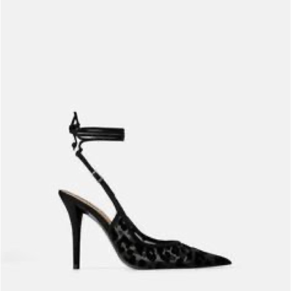 Zara Leopard Black Mesh Ankle Strap Heels